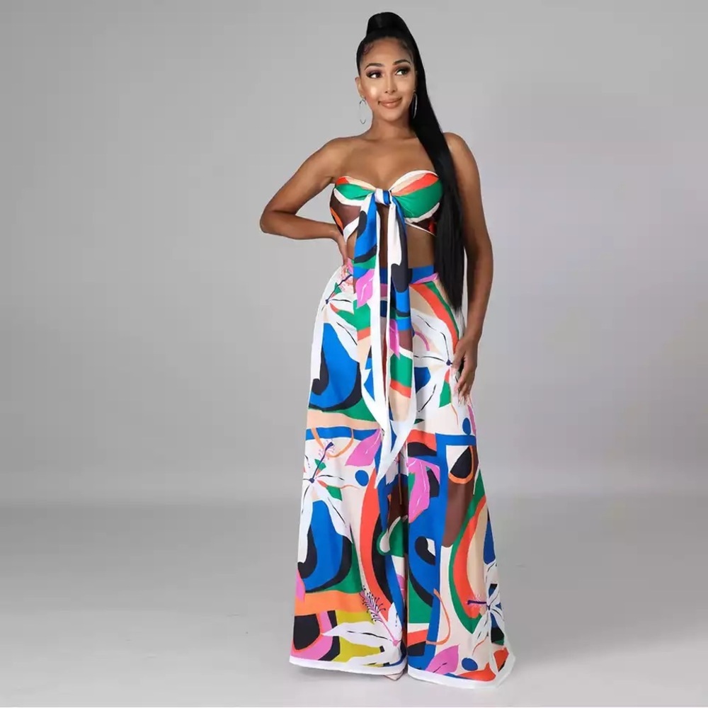 Woman Two Piece Suit Sleeveless Print and Wide Leg Loose Pant. Size M,L,XL - Picture 2 of 2